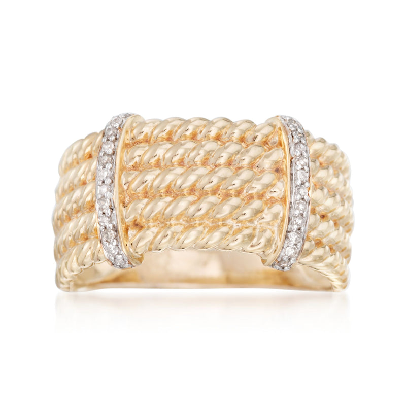 Gold roped multi-row ring with two diamond-set borders on a wide band