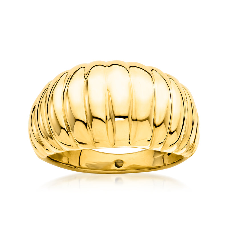 18kt yellow gold ribbed dome ring, wide band with rounded top and vertical ridges