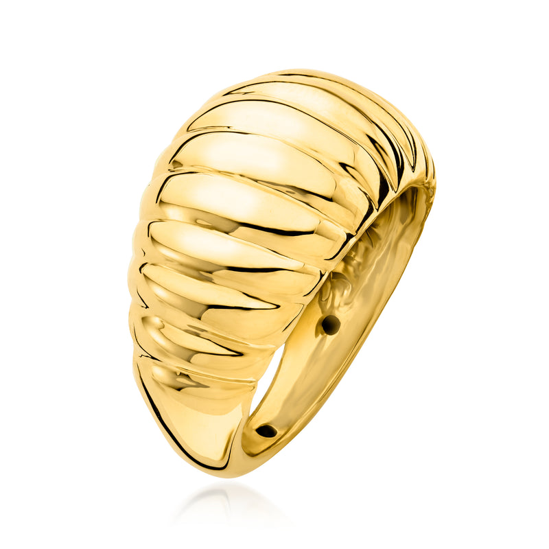 18kt yellow gold ribbed dome ring, side view with small circular cutout and ridged band