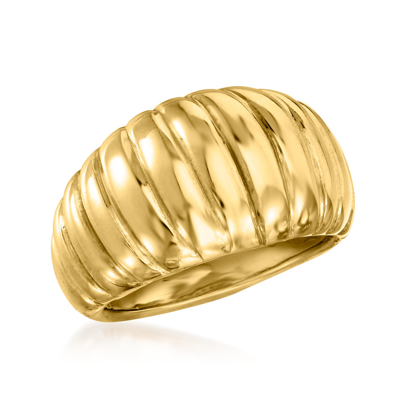 18kt yellow gold ribbed dome ring, top view with curved high dome and vertical ridges