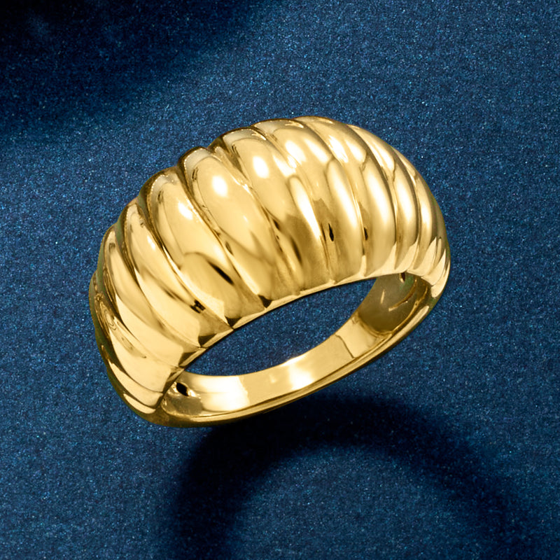 18kt yellow gold ribbed dome ring, angled view showing smooth underside and ridged top