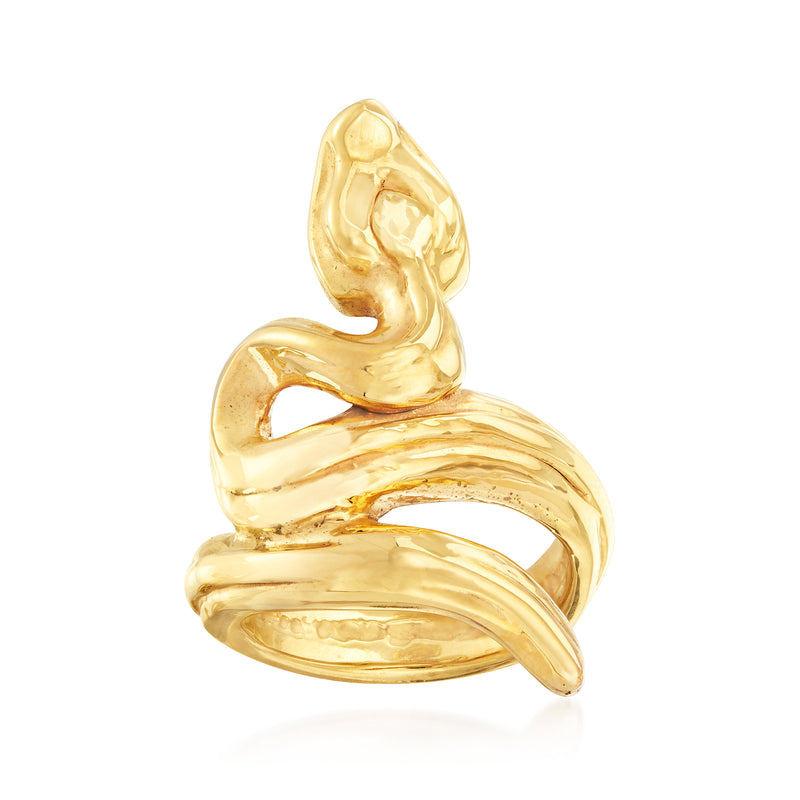 18kt yellow gold snake ring with sculpted, glossy coiled design