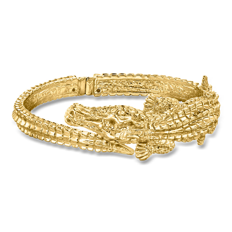 18kt yellow gold alligator bangle bracelet with textured links and clasp
