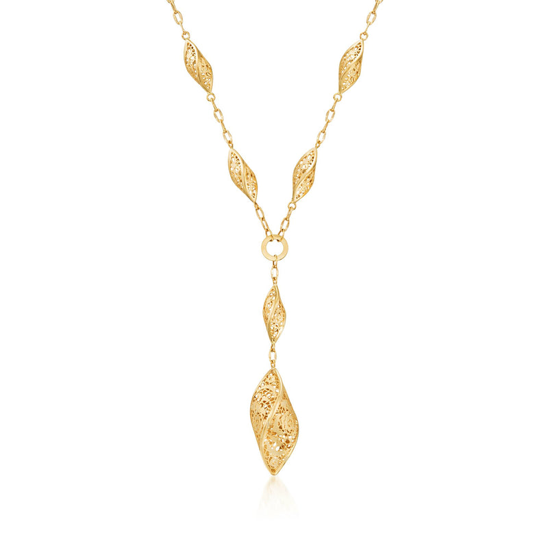 14kt yellow gold twisted lace Y-necklace with openwork leaf drop charms