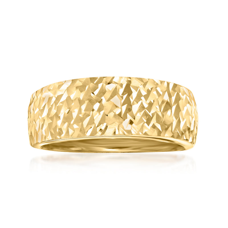 14k yellow gold textured and polished ring, wide band with faceted pattern