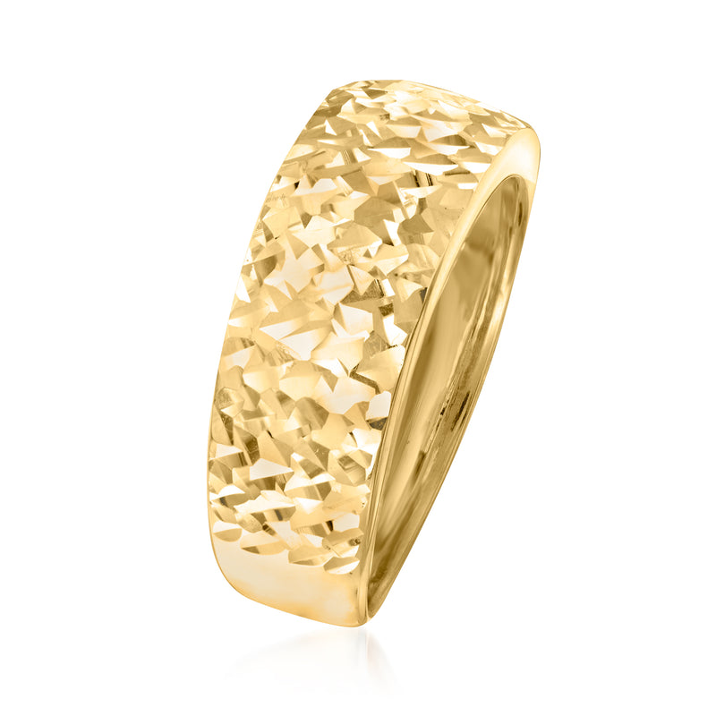 14k yellow gold ring with faceted texture on top and smooth polished band