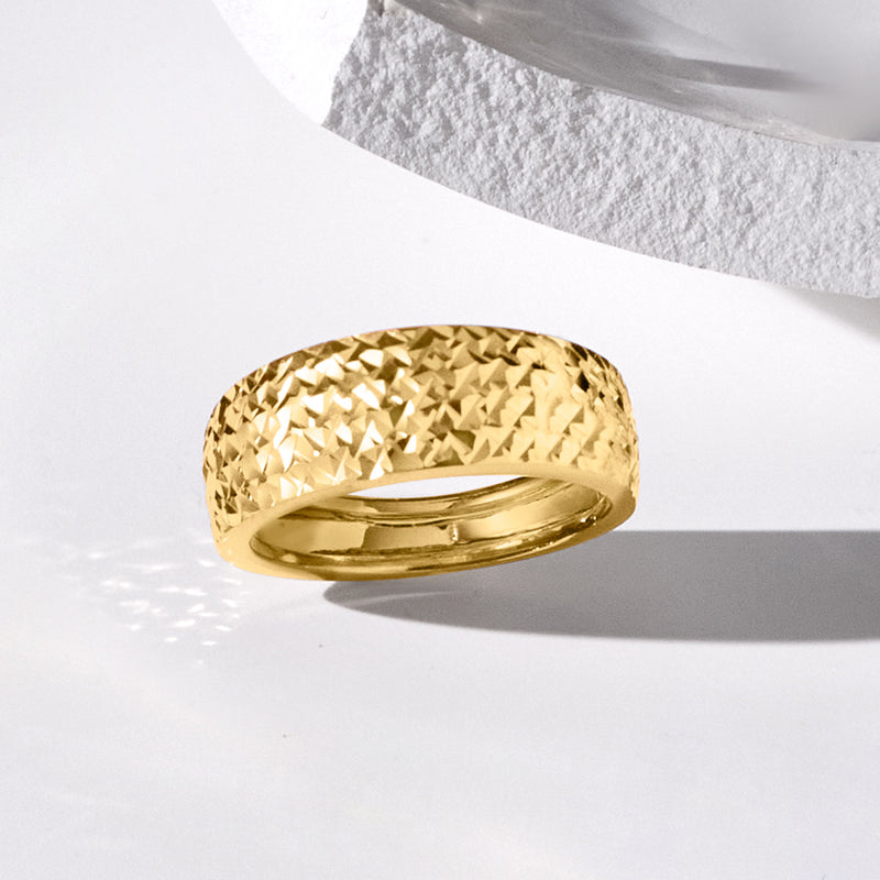 14k yellow gold textured wide band ring with smooth polished interior