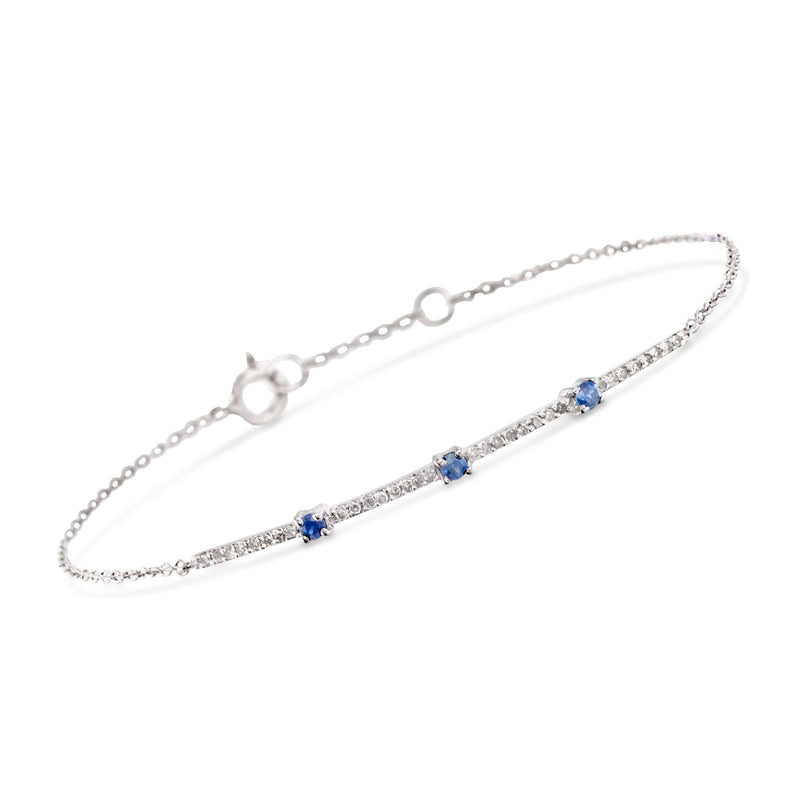 14kt white gold bracelet with diamond bar and blue sapphire accents