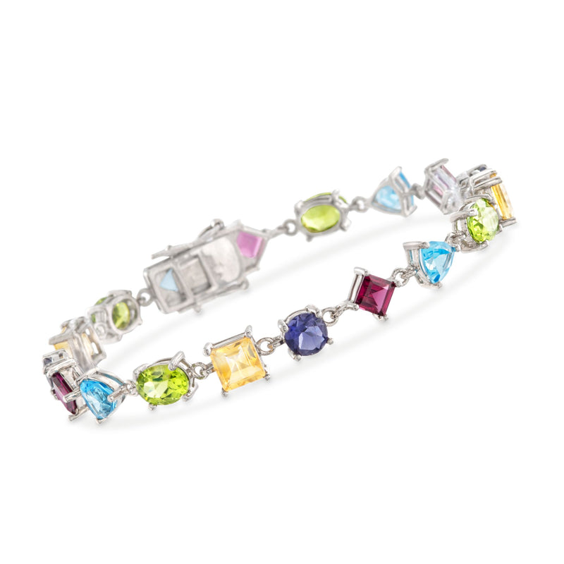 Sterling silver multi-stone bracelet with colorful square and round gemstones, hinged links