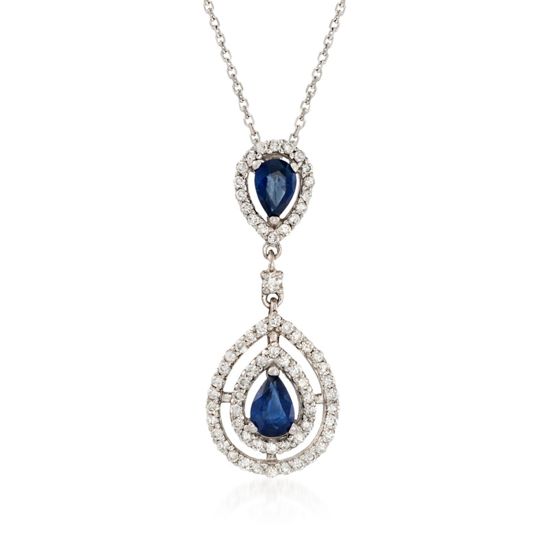 14kt white gold pendant necklace with two blue sapphire teardrop settings and diamonds