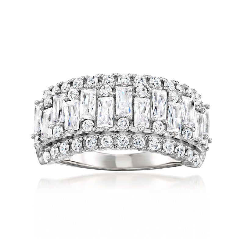 Sterling silver CZ ring with baguette and round stones in a raised curved band