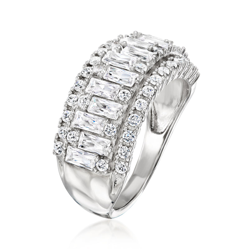 Sterling silver CZ ring side view with baguette stones and round pave accents