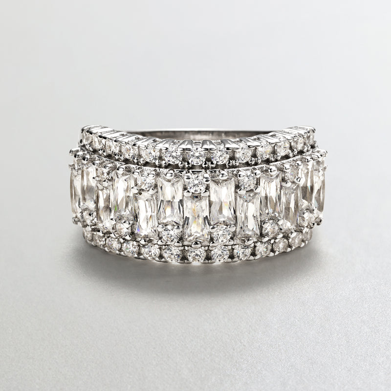 Sterling silver CZ eternity-style ring with rows of baguette and round stones