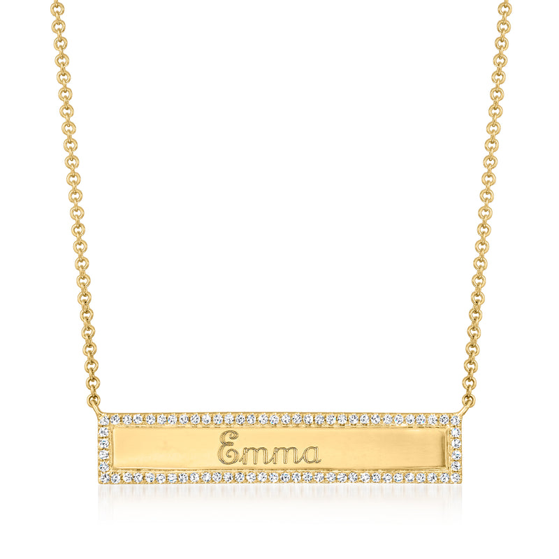 14kt yellow gold diamond bar necklace with engraved name Emma
