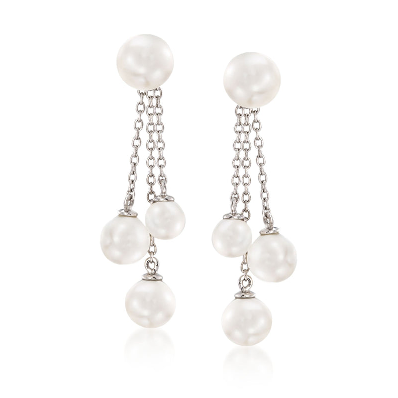 Sterling silver shell pearl stud earrings with cascading pearl dangles