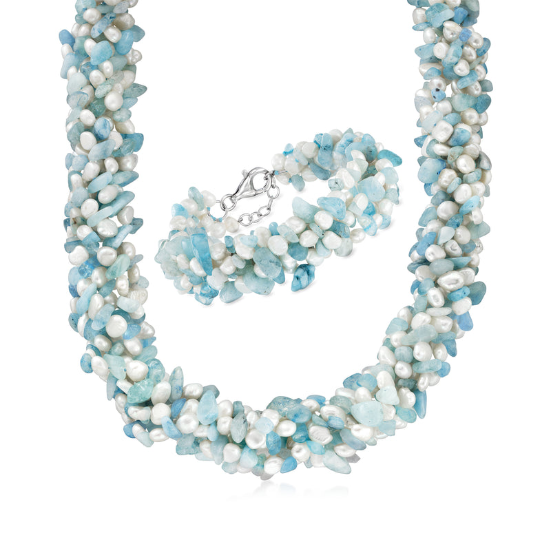 Aquamarine bead and cultured pearl torsade necklace, multi-strand with clasp