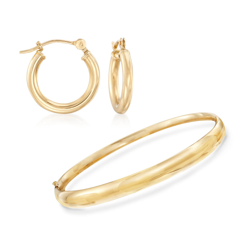 14kt yellow gold polished bangle bracelet and small hoop earrings, shiny finish