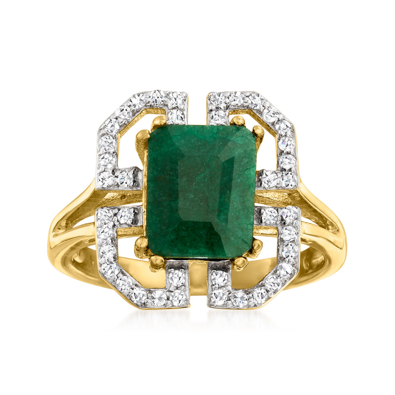 Gold over sterling ring with large emerald-cut green gemstone and white topaz halo