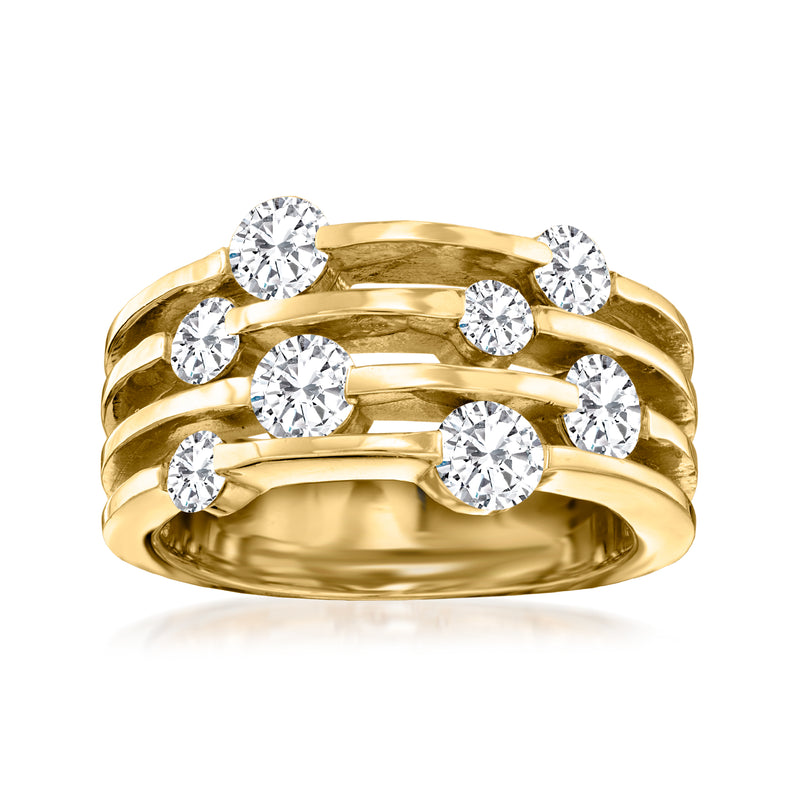 14kt yellow gold multi-row diamond ring with round scattered stones, polished band