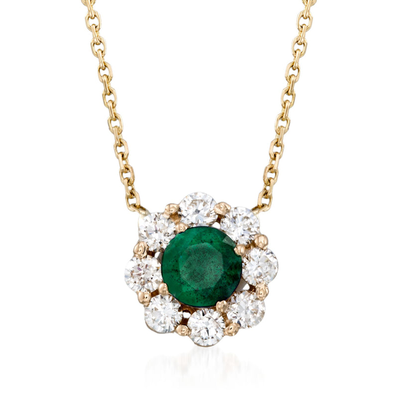 14kt yellow gold necklace with round green emerald center and diamond halo pendant