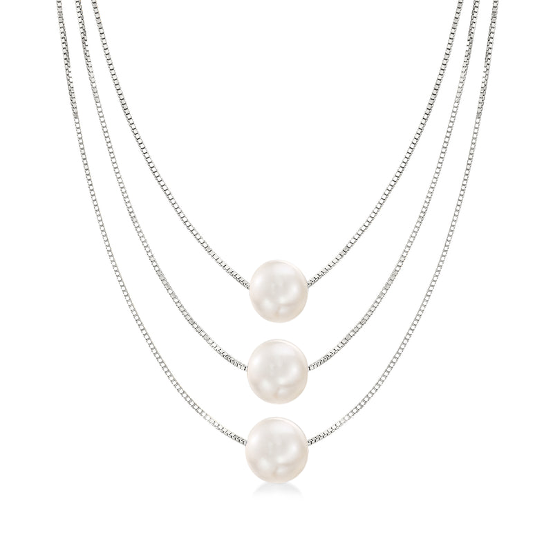 Three-strand layered pearl necklace with round white cultured pearls, sterling silver