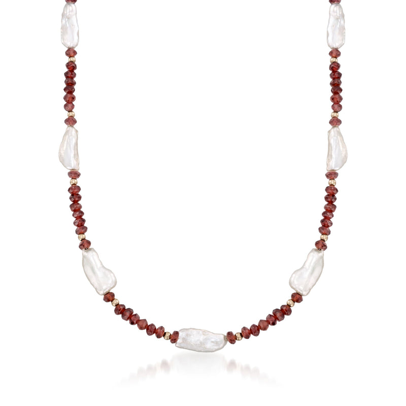 Baroque pearl and garnet bead necklace with alternating red beads and white pearls