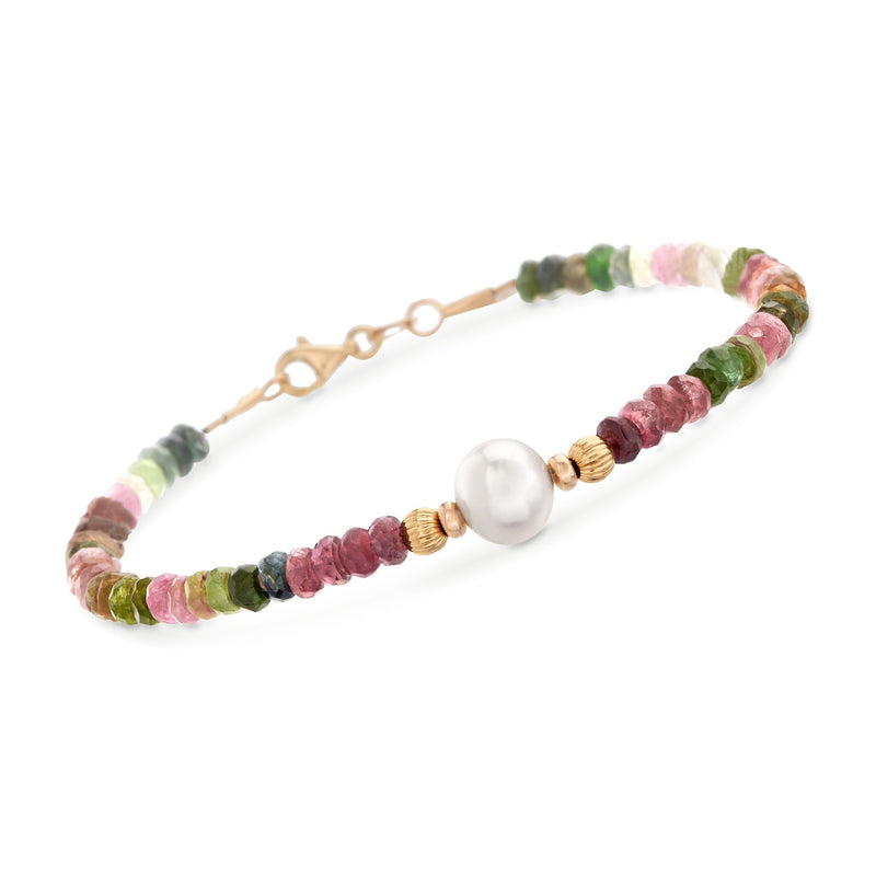Multicolored tourmaline bead bracelet with single cultured pearl and 14kt yellow gold clasp