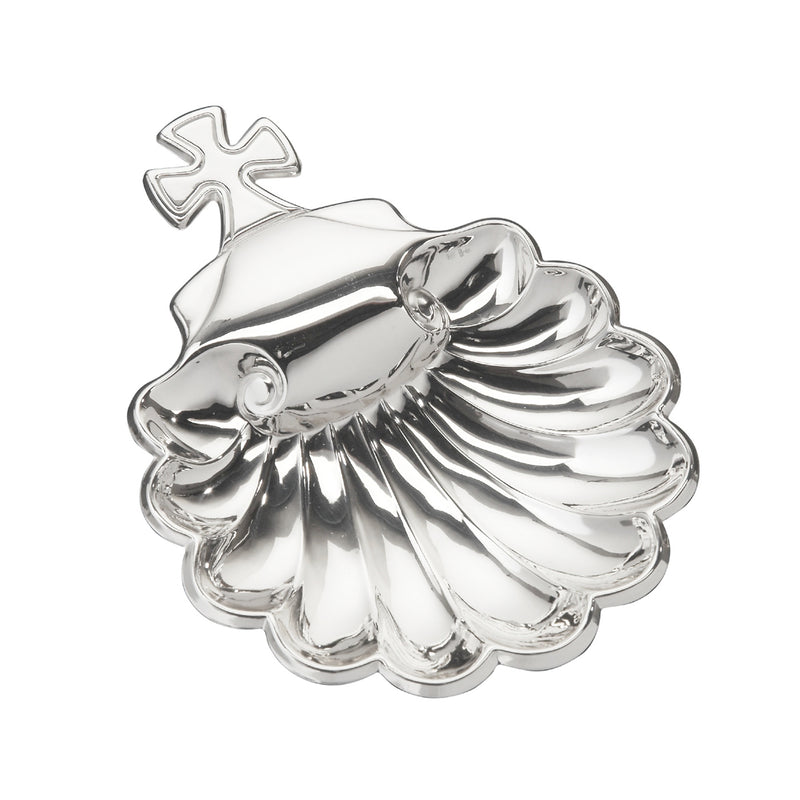 Sterling silver baptismal shell ornament with small cross and scalloped shell design