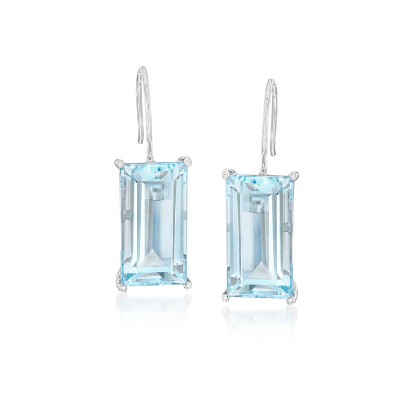 Sterling silver earwire baguette blue topaz drop earrings, rectangular light-blue stones