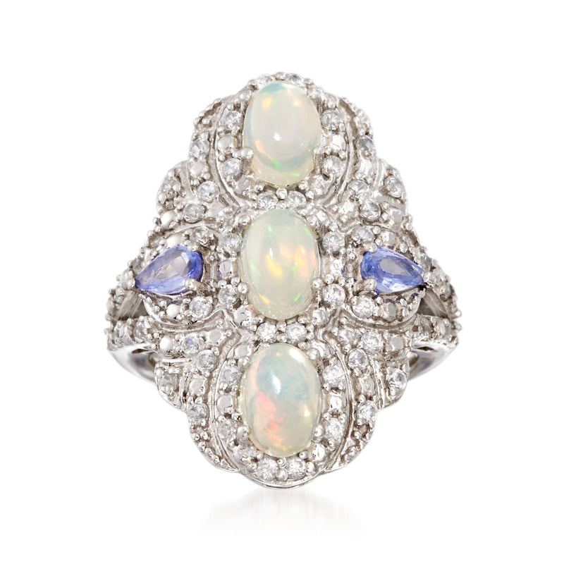 Sterling silver shield ring with oval opal stones, blue gemstones, and white zircons