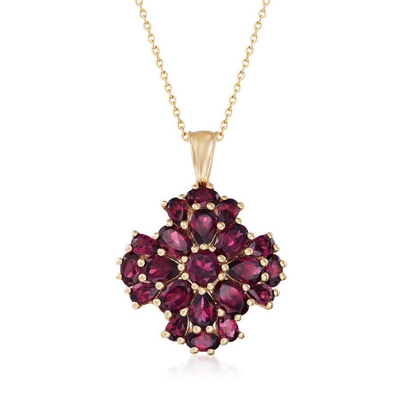 Rhodolite garnet cluster pendant necklace in gold-tone with round dark red stones