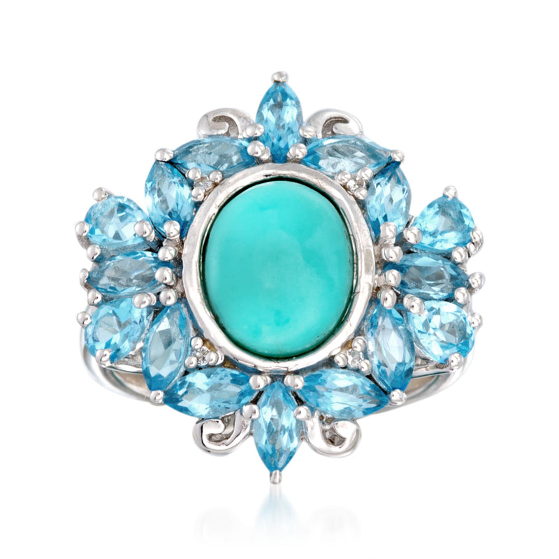 Sterling silver ring with oval turquoise centerpiece and blue topaz oval cluster