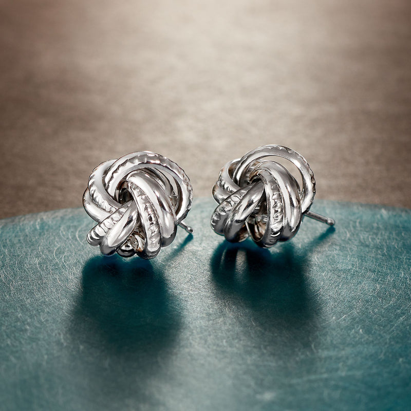 Twisted knot sterling silver post earrings, interwoven braided loops