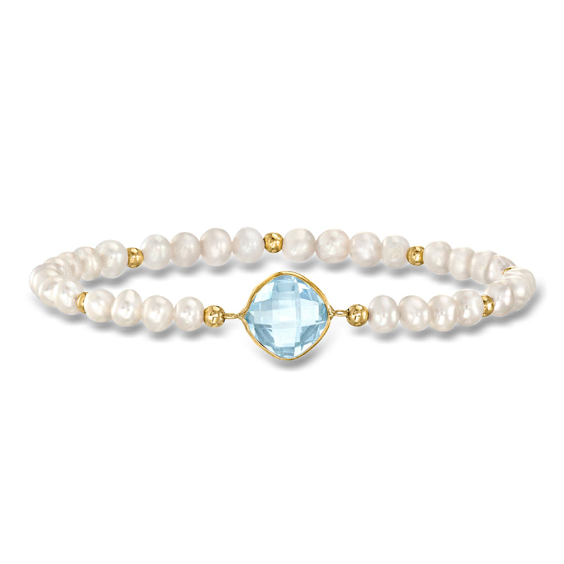 Cultured pearl bracelet with blue topaz center set in 14kt yellow gold