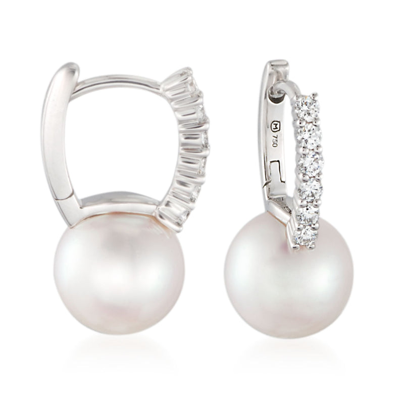 White gold hoop earrings with round Akoya pearl and diamond-studded row