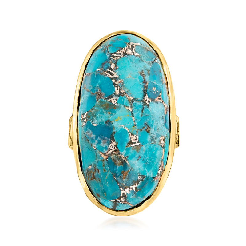 Oval turquoise ring in 18kt gold over sterling, silver-toned veining web setting