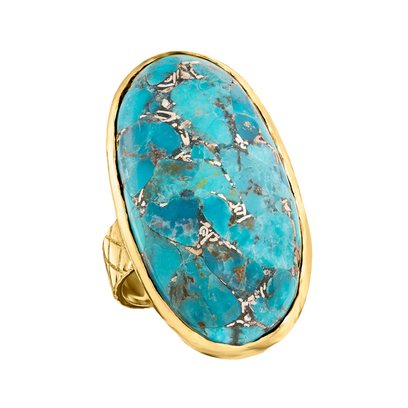 Oval turquoise ring in 18kt gold over sterling, raised bezel with silver web details