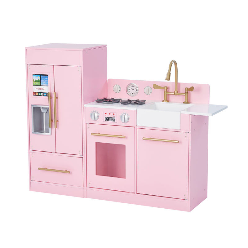 Kids modern play kitchen in pink with gold faucet, stovetop, oven door