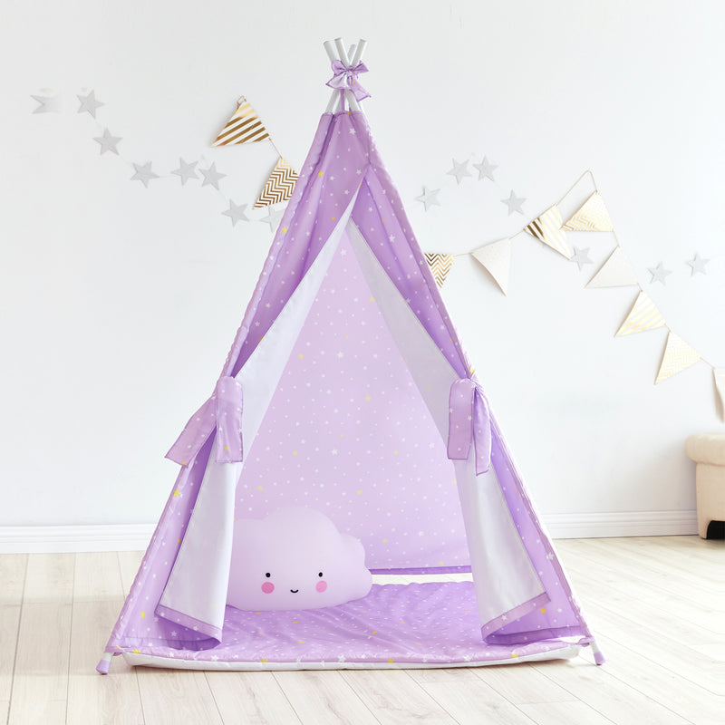 Kids purple twinkle star teepee tent with star curtains and top bow