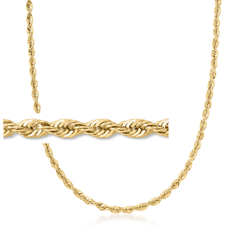 Yellow gold rope-chain necklace with 4mm links, close-up on the chain