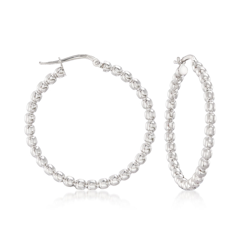 Sterling silver beaded hoop earrings with small bead-like links, hinged back