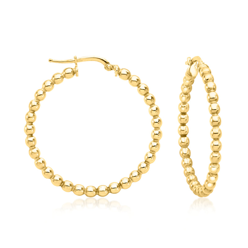 Gold beaded hoop earrings with textured round bead design and post closure