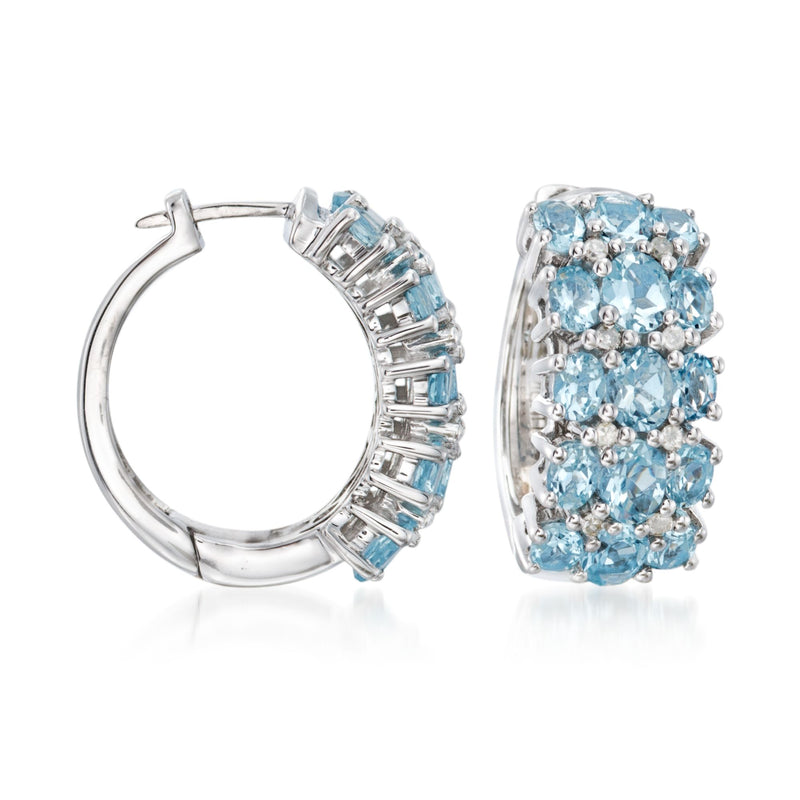 Sterling silver hoop earrings with clustered light blue aquamarine and clear diamond accents