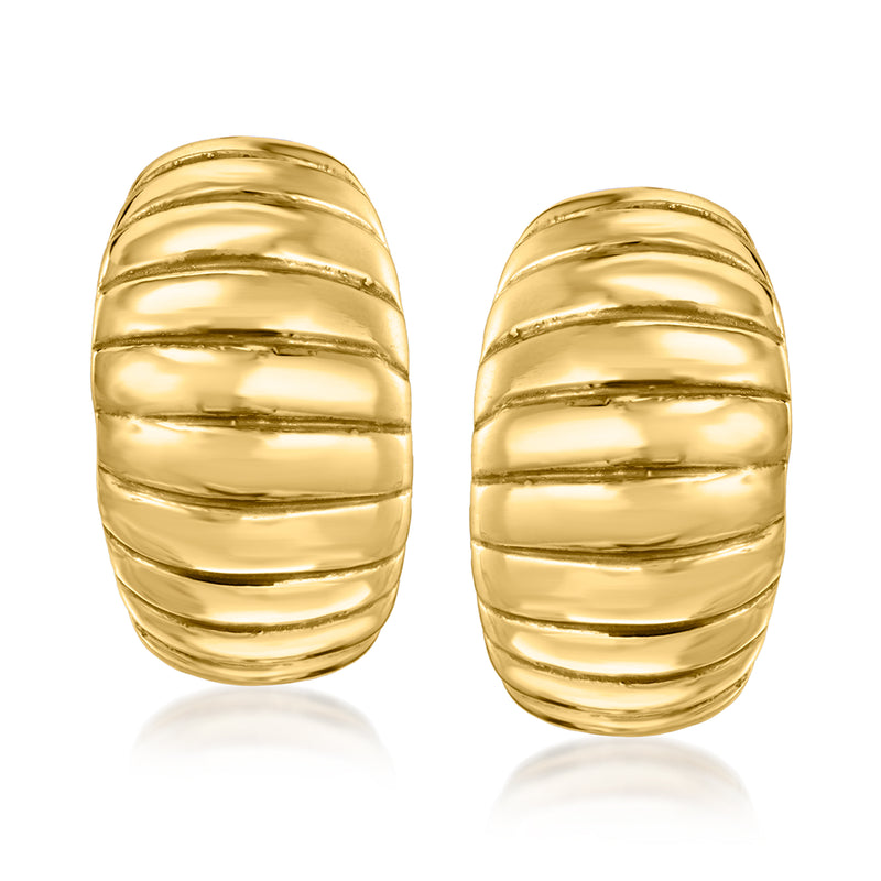 18kt yellow gold ribbed oval clip/post earrings with horizontal stripe texture
