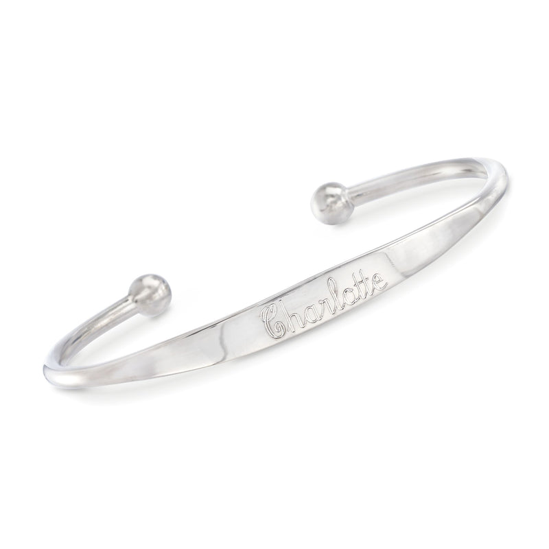 Sterling silver personalized bar cuff bracelet with engraved name detail