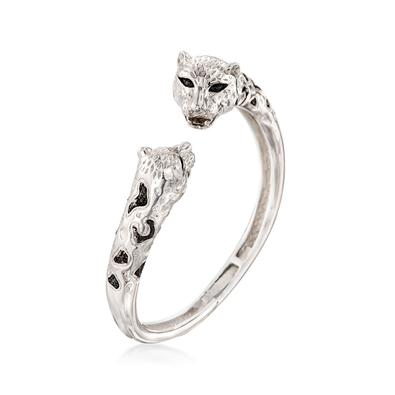 Sterling silver jaguar cuff bracelet with black spinel accents on head and paws