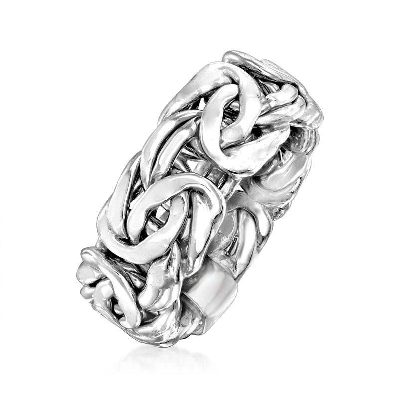 Wide sterling silver Byzantine chain-link ring, side profile with linked detail