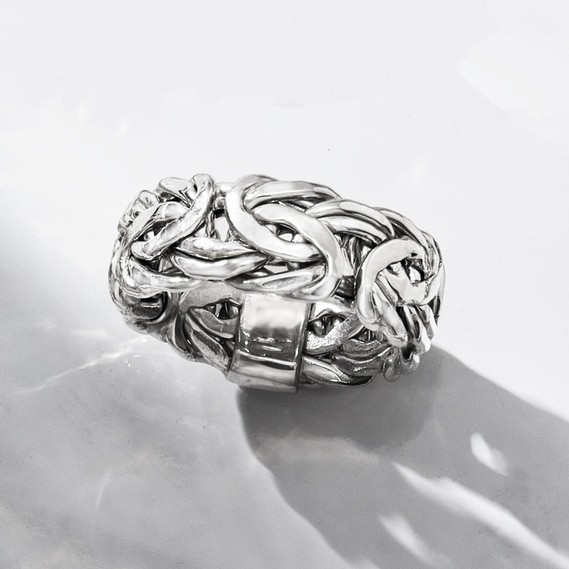 Wide sterling silver Byzantine chain-link ring, textured braided link pattern