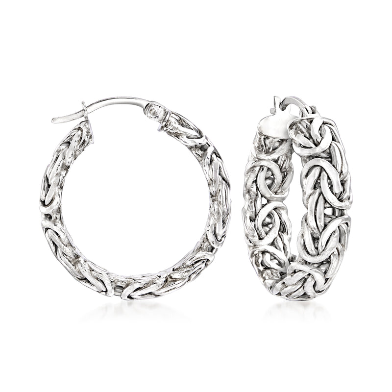 Small sterling silver Byzantine hoop earrings with textured twisted links