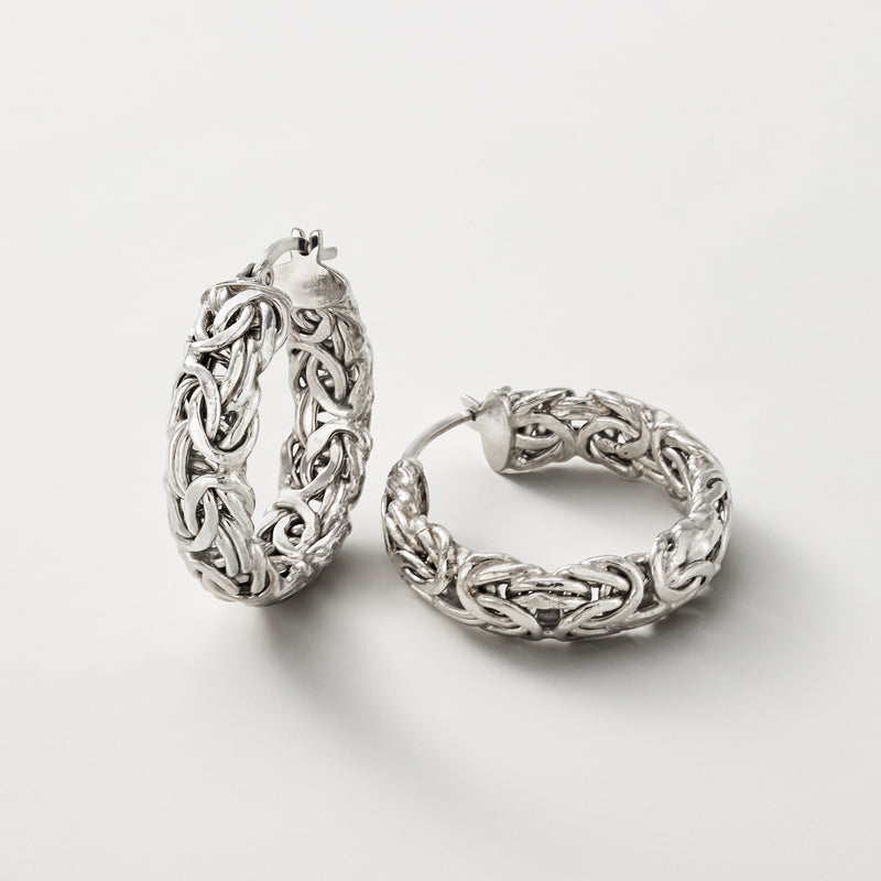 Small sterling silver hoop earrings, oval Byzantine pattern, hinged posts